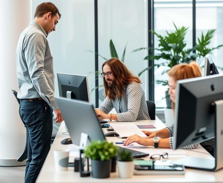 Tre dipendenti a lavoro in ufficio moderno | Qipo