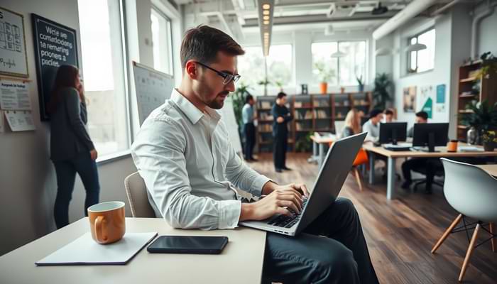 Nuovo lavoratore in ufficio al lavoro col suo laptop | Qipo