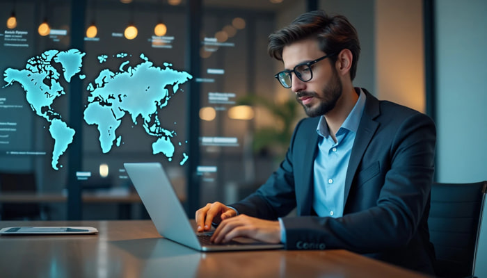 Un dipendente in ufficio al suo portatile con cartina geografica nello sfondo | Qipo
