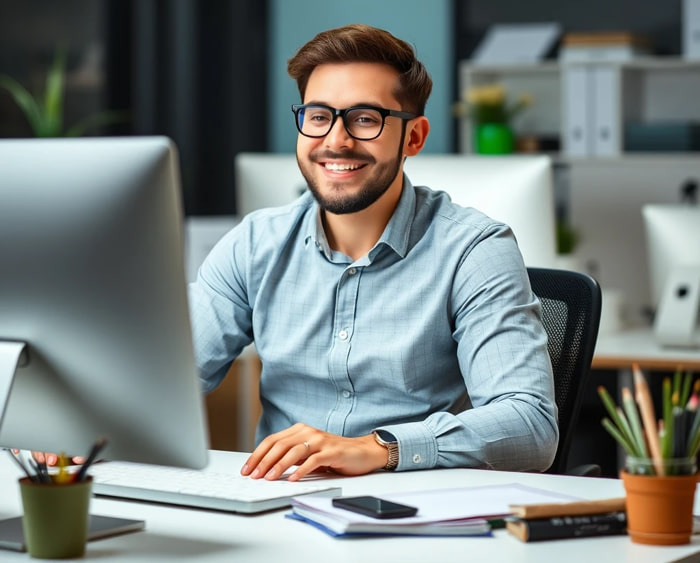 Un lavoratore soddisfatto con gli occhiali in ufficio al suo computer portatile | Qipo