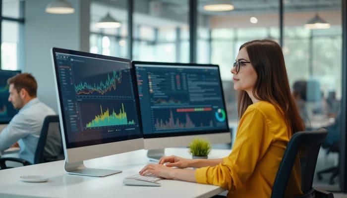 Una lavoratrice in ufficio con gli occhiali e maglia gialla al computer analizza e monitora feedback al computer | Qipo