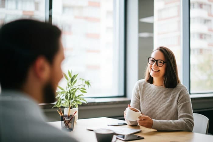 Una lavoratrice con gli occhiali in un momento di pausa conversa amabilmente con un collega in ufficio mentre beve un caffè | Qipo