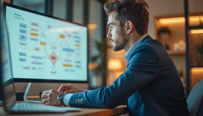 Un dipendente concentrato al pc di sera in ufficio | Qipo
