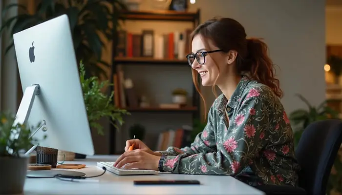 Una collaboratrice con gli occhiali produttiva e serena a lavoro in ufficio | Qipo