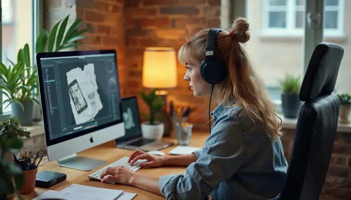 Una lavoratrice bionda al computer con le cuffie | Qipo