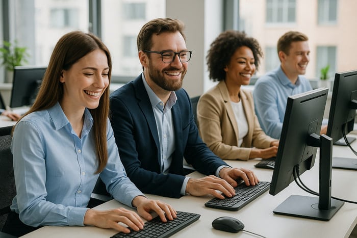 Quattro impiegati in ufficio al computer sereni e contenti | Qipo