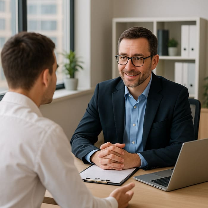 Un HR Manager con gli occhiali e capelli castani a colloquio con un dipendente in ufficio | Qipo