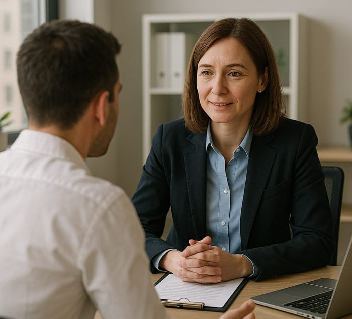 Una HR Manager con i capelli lisci e castani e camicia celeste che dialoga con un dipendente | Qipo