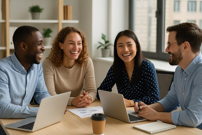 Quattro dipendenti sorridenti posano per una foto testimoniando il clima positivo in azienda | Qipo