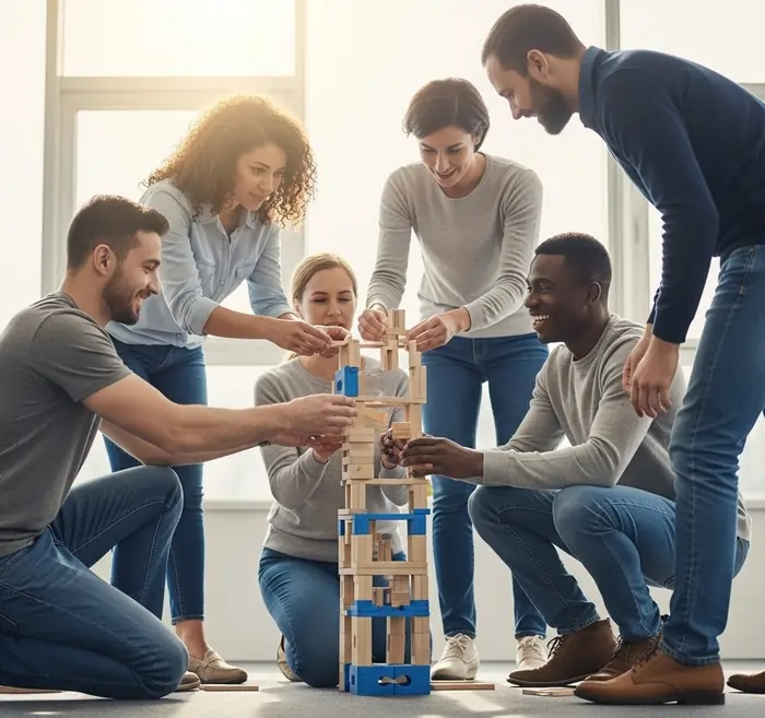 Colleghi che giocano a Jenga durante sessione team building | Qipo