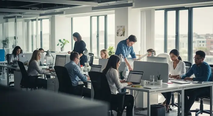 Un ufficio moderno con molti dipendenti presenti a lavoro nelle loro postazioni | Qipo