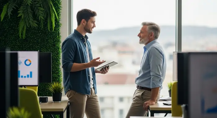 Un dipendente giovane dialoga con un collega più maturo ed esperto | Qipo