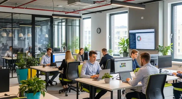 Dipendenti che lavorano al computer in ufficio con pc collegati a intranet | Qipo