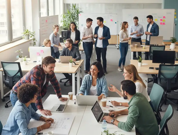 Giovani talenti in azienda che discutono in ufficio garbatamente | Qipo