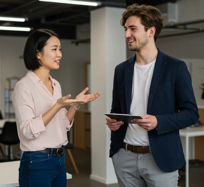 Una direttrice delle HR Risorse Umane dialoga con collaboratore | Qipo