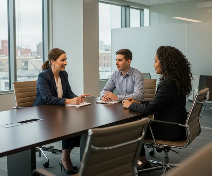 Tre responsabili HR risorse umane in azienda parlano tra loro in sala riunioni in azienda | Qipo
