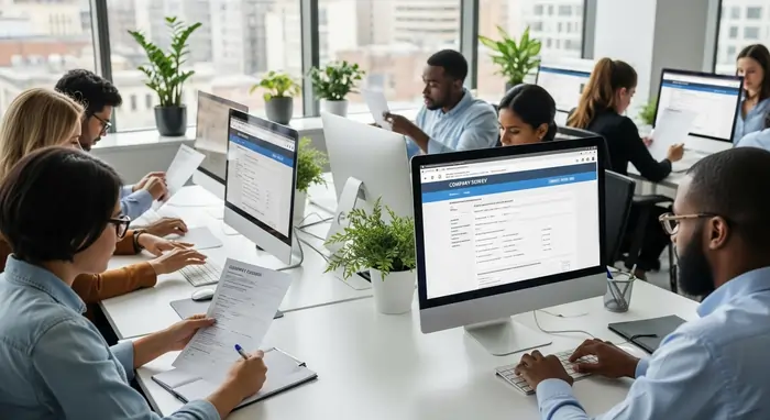 Dipendenti in ufficio che compilano sondaggio interno | Qipo