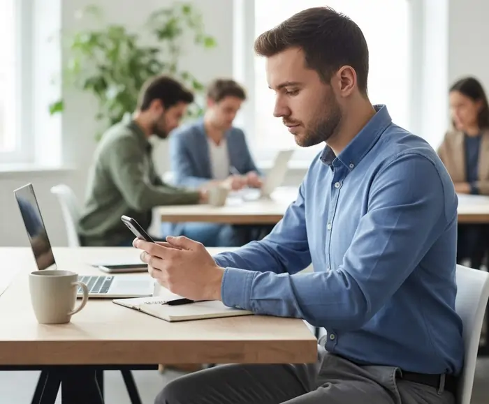 Un dipendente legge una notifica di lavoro in ufficio | Qipo