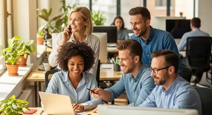Dipendenti soddisfatti e felici a lavoro in ufficio | Qipo